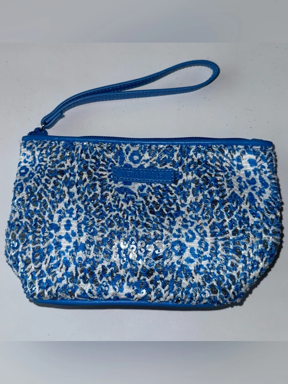 Vera Bradley Camocat Blue Wristlet Mesh Sequin Sparkle Slip Cosmetic Bag NWOT!